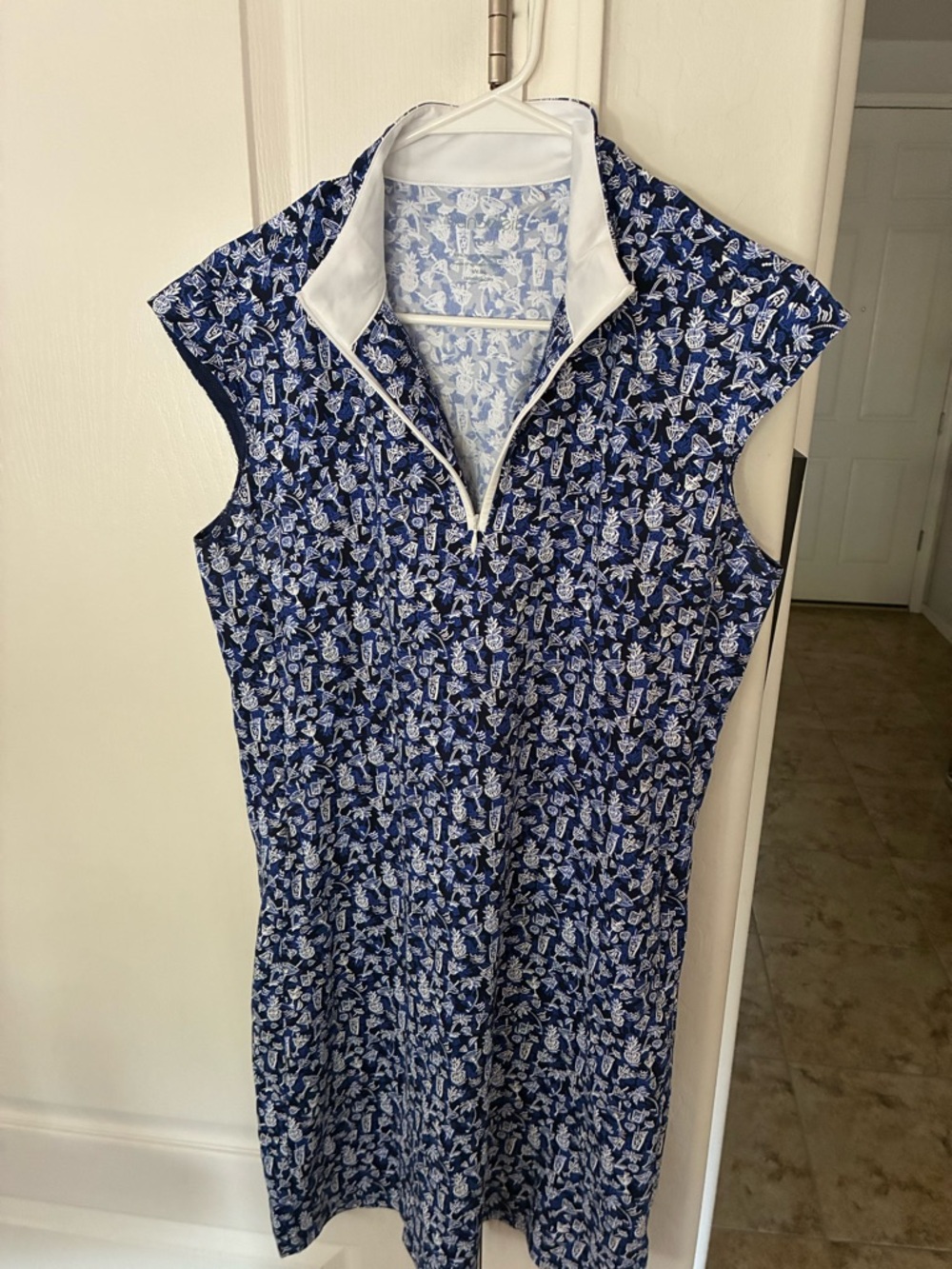 Sleeveless Blue & White Printed Zip-Up Dress
